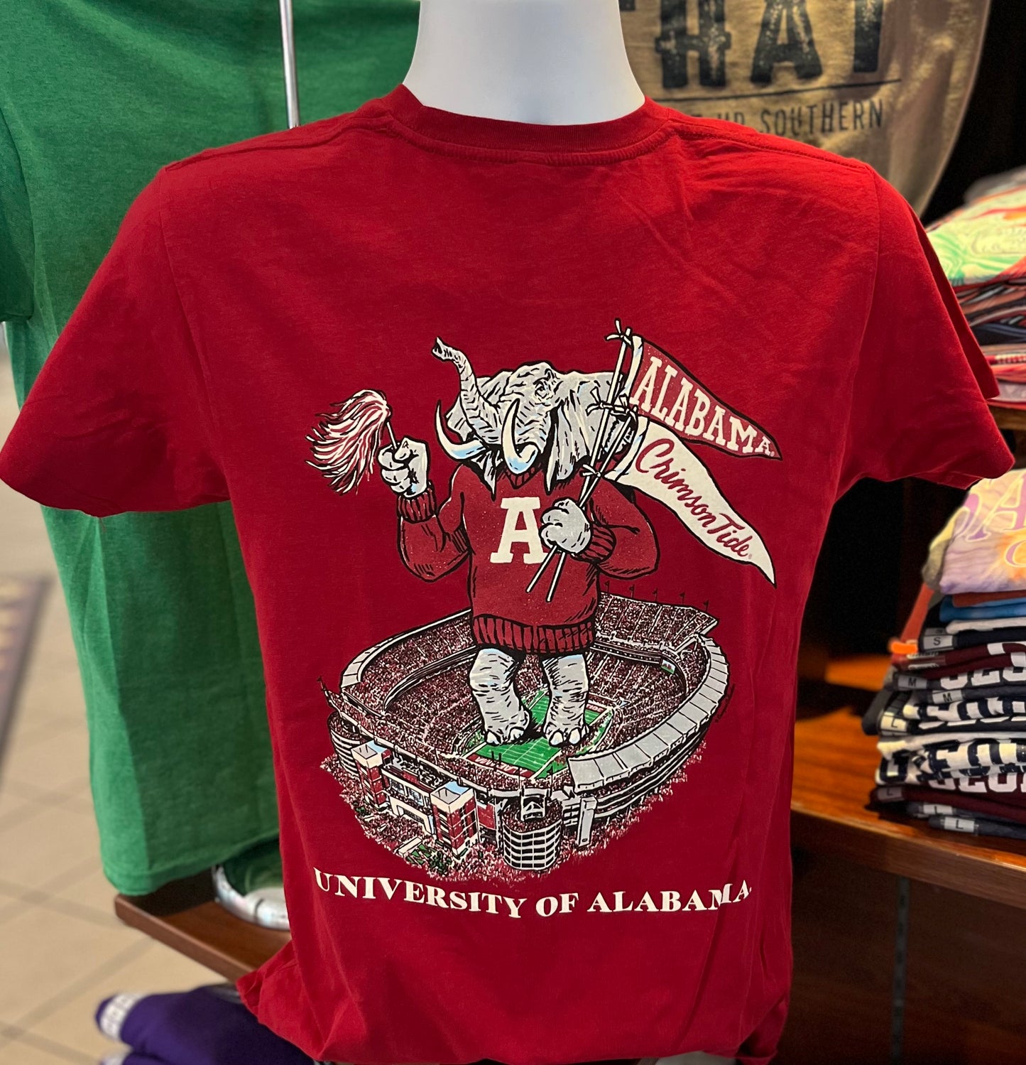 Alabama Crimson Tide T-Shirt - “Bryant Denny Stadium and Big Al” (Short Sleeve Crimson)