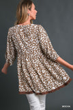 TSS Texture Animal Print Tiered Top with Unfished Frayed Hem (Mocha)
