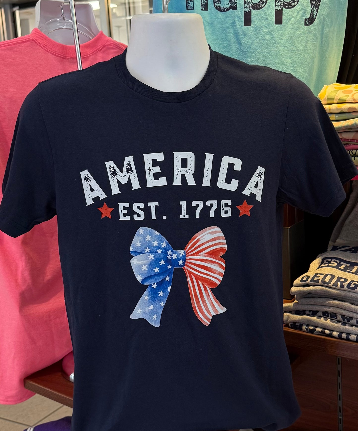 America est. 1776 Stars and Stripes Bow Graphic T-shirt (Short Sleeve)