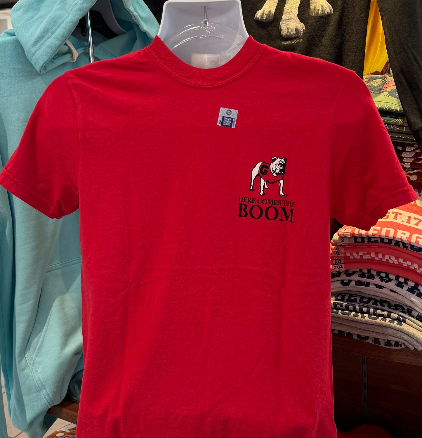 Georgia Bulldogs T-shirt - “Here Comes the Boom Graphic Tee” (Comfort Colors Short Sleeve Red)