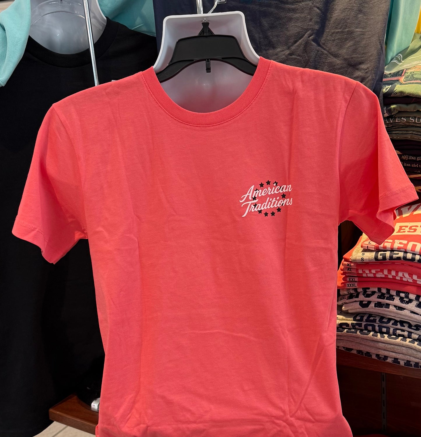 American Traditions T-Shirt - “Lab with Flip Flop on Dock” (Short Sleeve Cantaloupe)