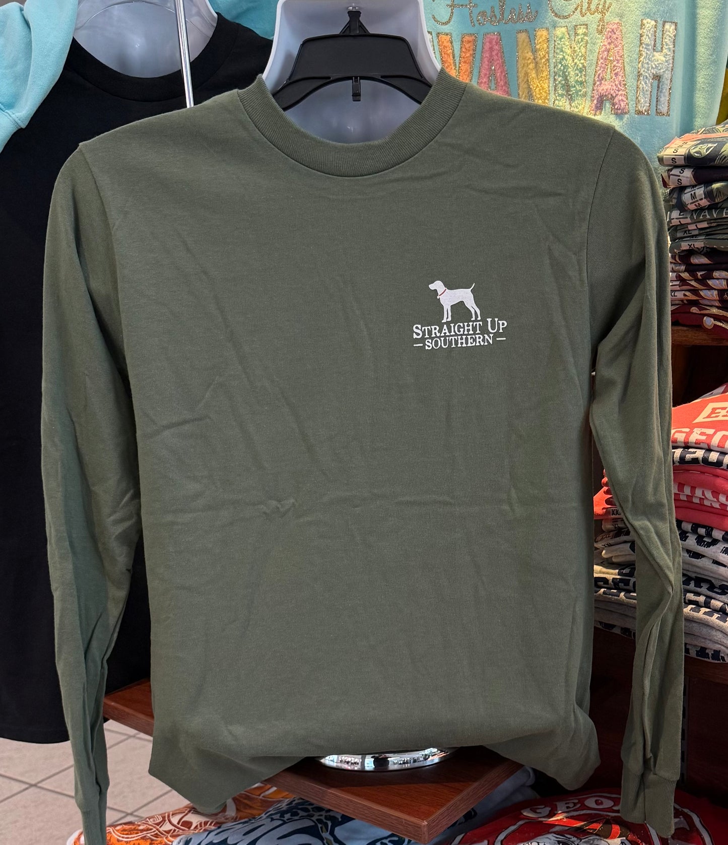 Straight Up Southern T-Shirt - “Lab with Duck Calls” (Long Sleeve Military Green)