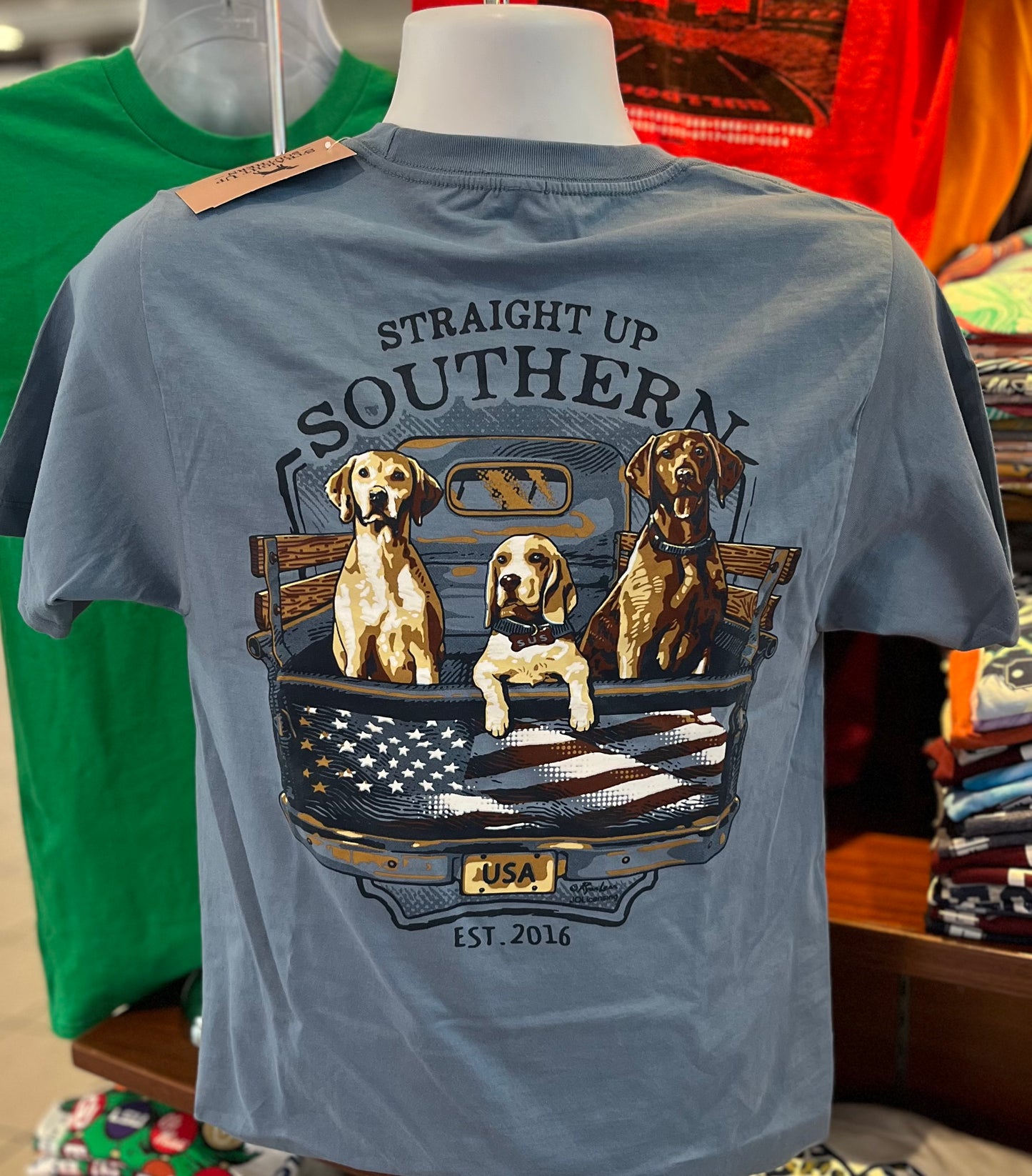 Straight Up Southern Pocket T-Shirt - Dogs on Truck with Patriotic Tailgate (Short Sleeve Slate)