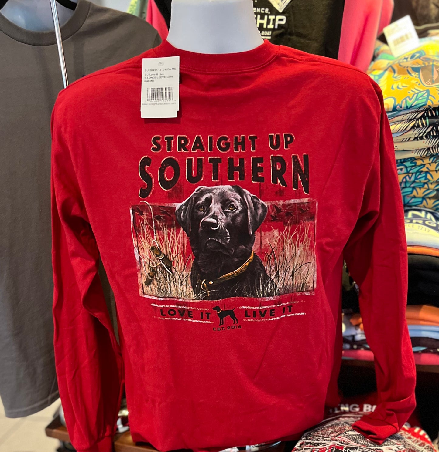Straight Up Southern T-Shirt - “Love it, live it - Lab with Duck Call” (Long Sleeve Cardinal)