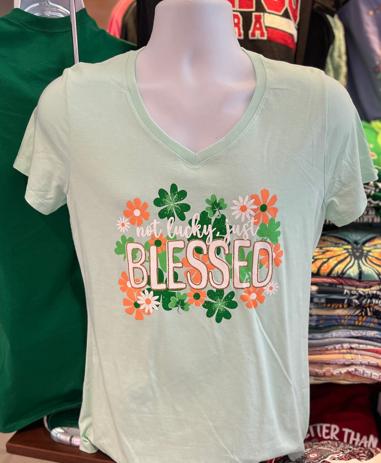 St. Patrick’s Day “Not Lucky, Just Blessed” Short Sleeve (Mint V-Neck)