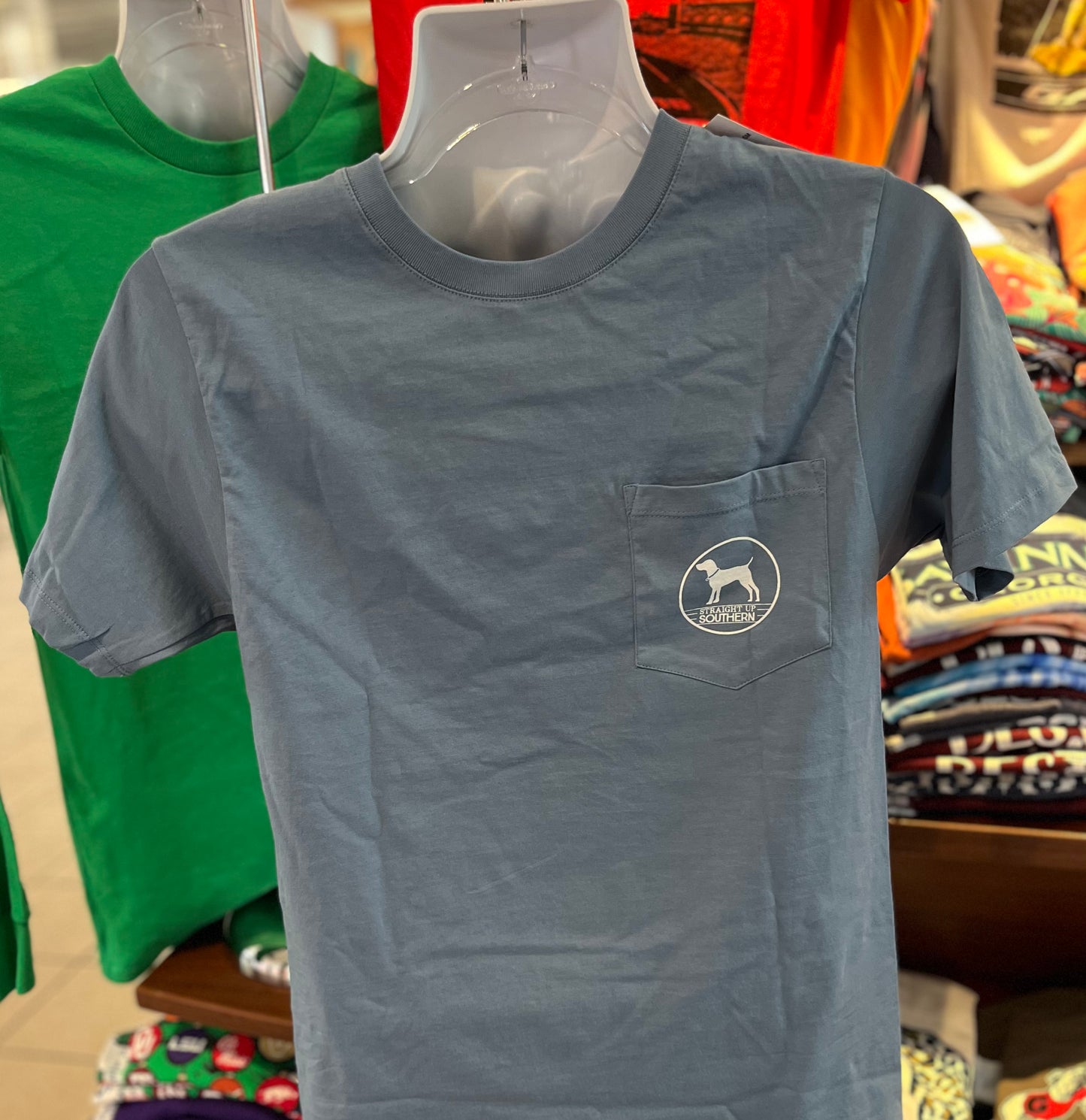 Straight Up Southern Pocket T-Shirt - Dogs on Truck with Patriotic Tailgate (Short Sleeve Slate)