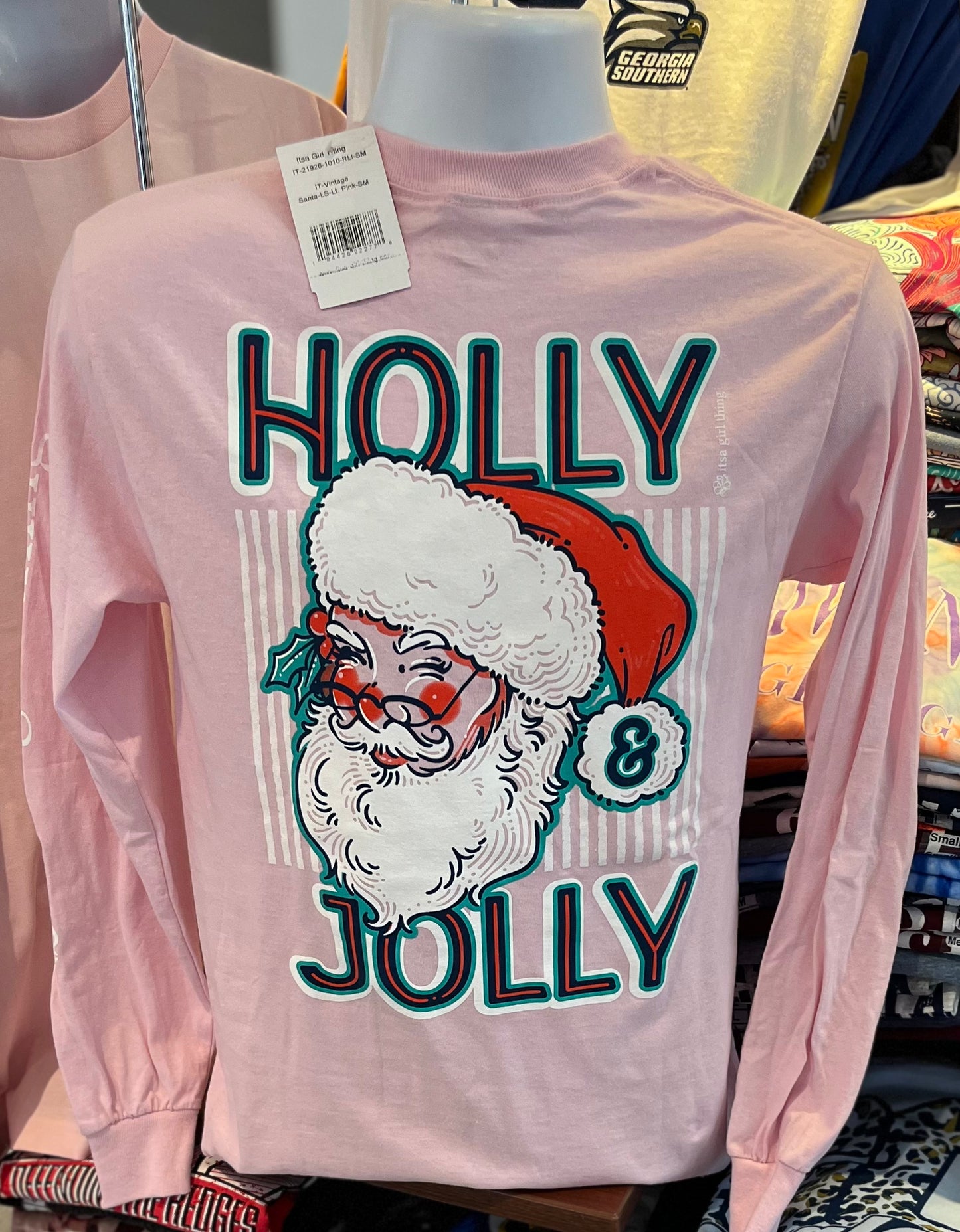 It’s A Girl Thing T-Shirt - “Vintage Holly Jolly Santa ” (Long Sleeve Pink)