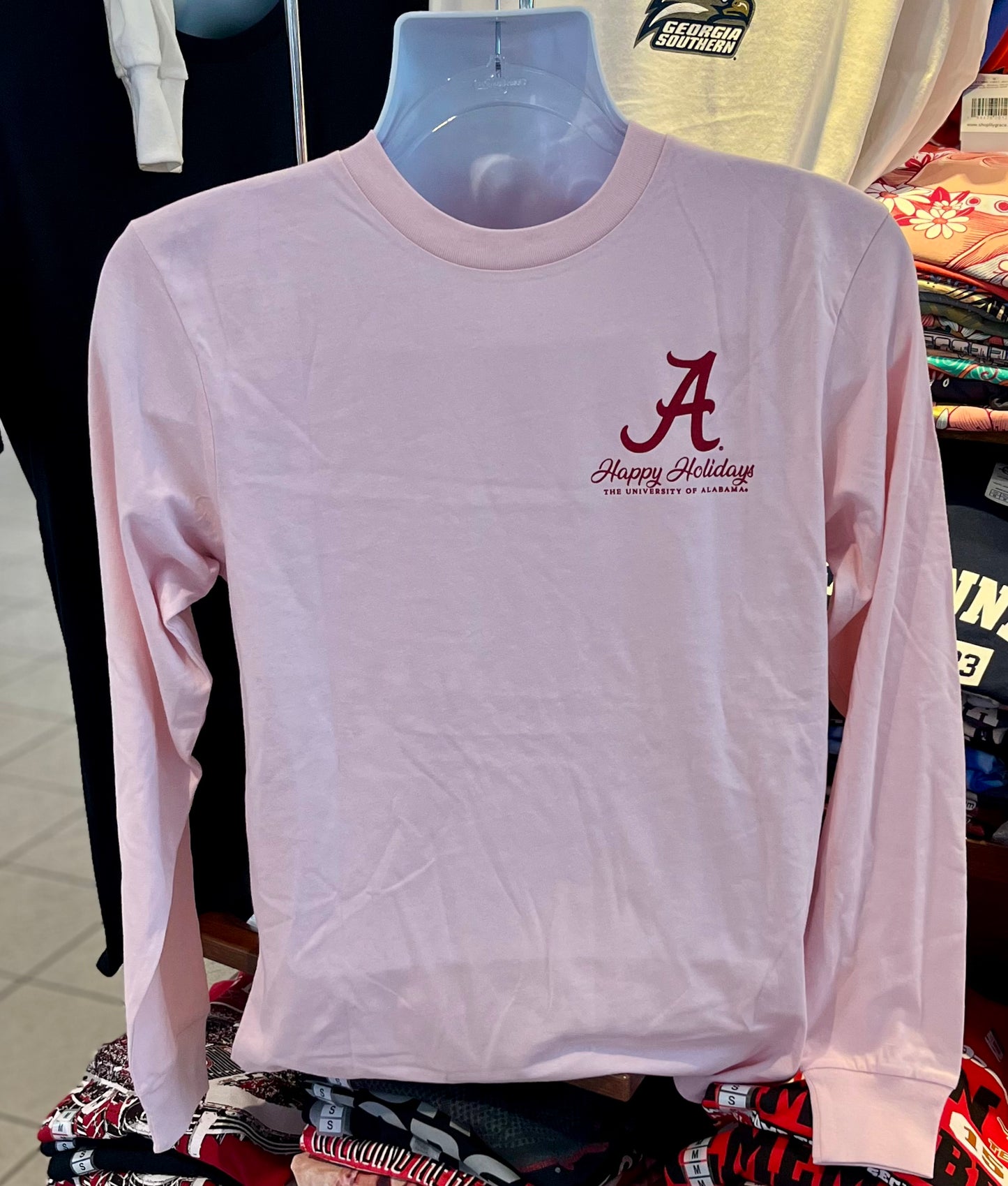Alabama Crimson Tide Christmas Elephant Long Sleeve Tee (Light Pink)