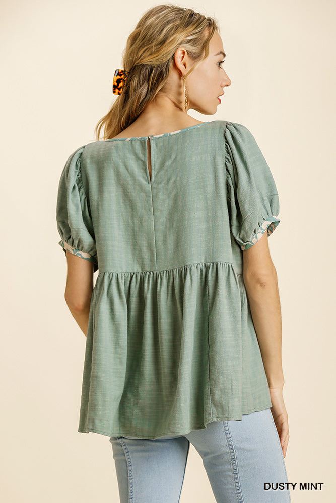 TSS Linen Blend Round Neck Short Puff Sleeve (Dusty Mint)”