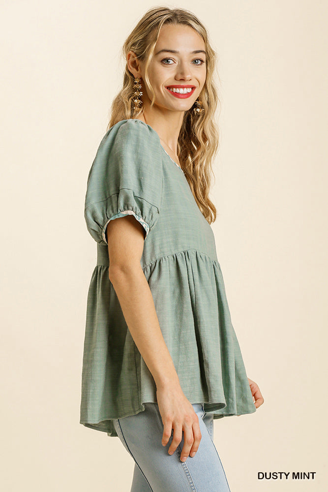 TSS Linen Blend Round Neck Short Puff Sleeve (Dusty Mint)”