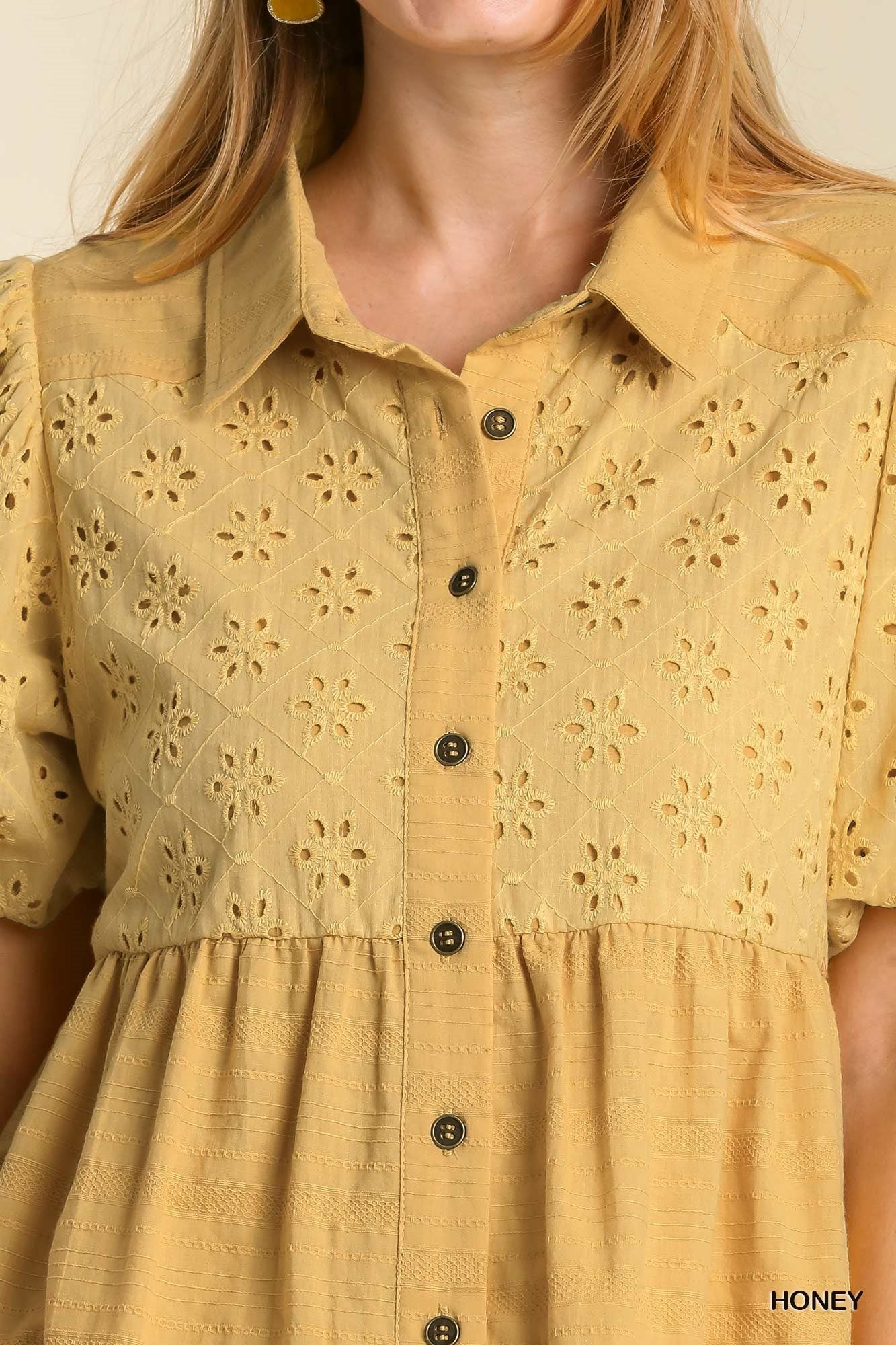 TSS Eyelet Puff Sleeve Collared Button Up Tunic (Honey