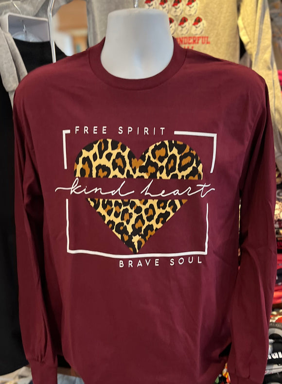 Free Spirit, Kind Heart, Brave Soul Leopard Heart Long Sleeve (Maroon)