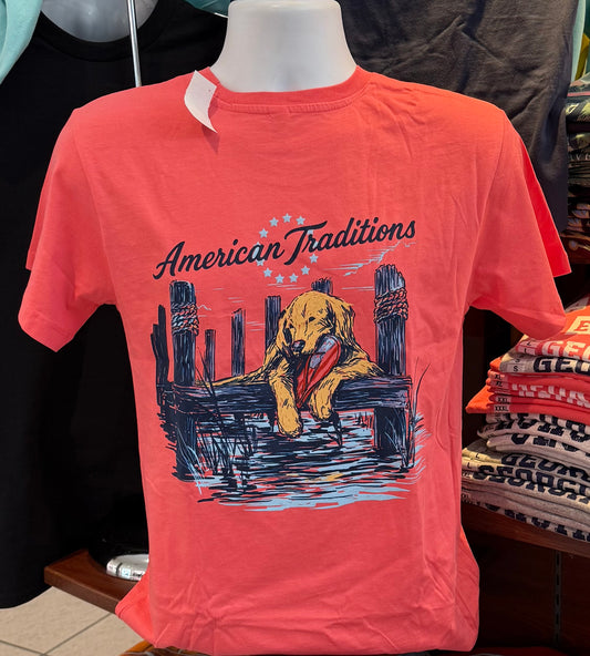 American Traditions T-Shirt - “Lab with Flip Flop on Dock” (Short Sleeve Cantaloupe)