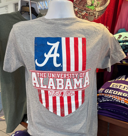 Alabama Crimson Tide T-Shirt - “Alabama Shield with Logo in Patriotic Flag” (Short Sleeve Sport Gray)