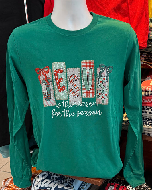 Christmas “Jesus is the Reason for the Season” Graphic T-shirt (Long Sleeve Kelly Green)