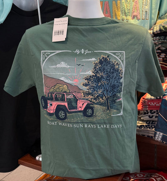 Lily Grace T-Shirt - “Boat Waves, Sun Rays, Lake Days” (Short Sleeve Pine)