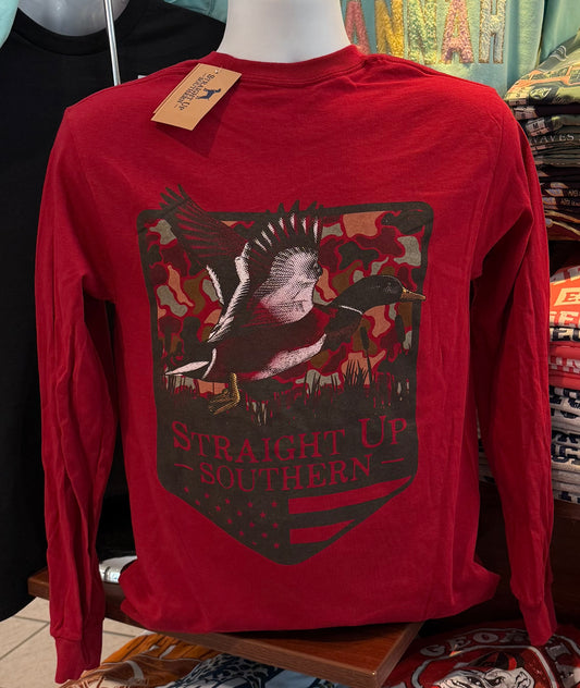 Straight Up Southern T-Shirt “Duck Camo Mallard in Flight” (Long Sleeve Cardinal)
