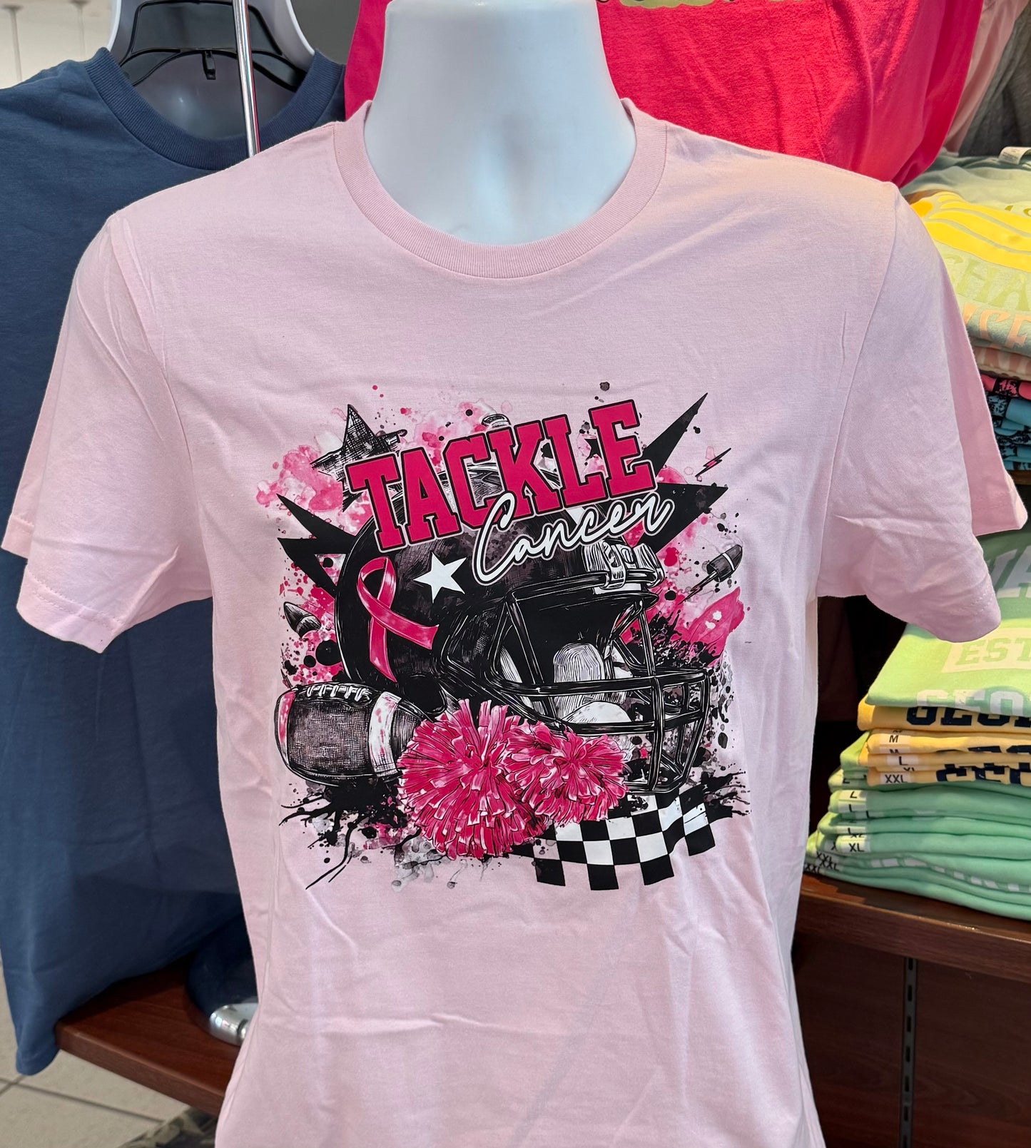 October Breast Cancer Awareness T-shirt - “Tackle Cancer” (Short Sleeve Pink)