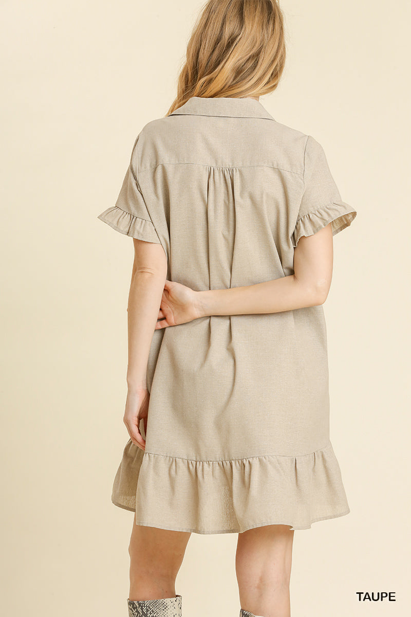 TSS Collared V-Neck Short Sleeve Babydoll Dress with Ruffle Hem (Taupe The Sterling Sunflower TSS Collared V-Neck Short Sleeve Babydoll Dress with Ruffle Hem (Taupe The Sterling Sunflower