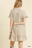 TSS Collared V-Neck Short Sleeve Babydoll Dress with Ruffle Hem (Taupe)
