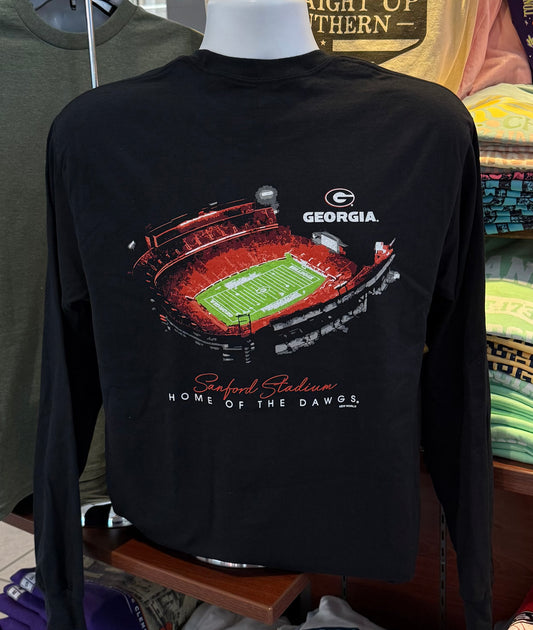 Georgia Bulldogs T-shirt - “Sanford Stadium at Night - The Home of the Dawgs Graphic Tee” (Long Sleeve Black)