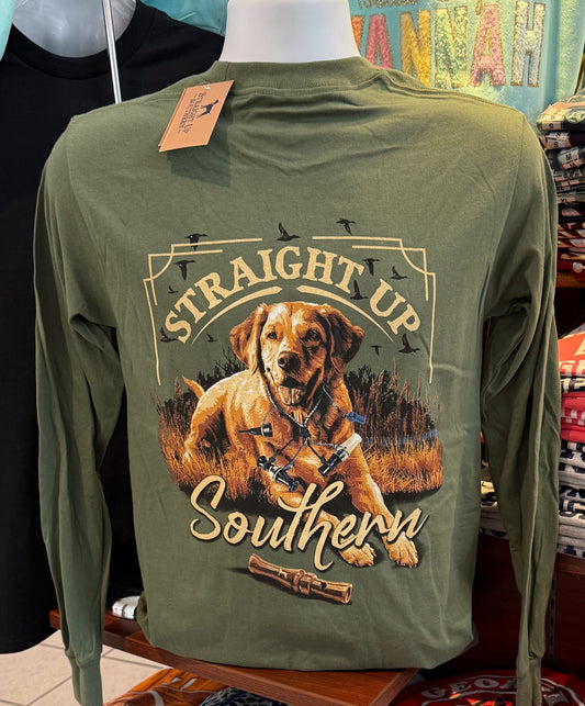 Straight Up Southern T-Shirt - “Lab with Duck Calls” (Long Sleeve Military Green)