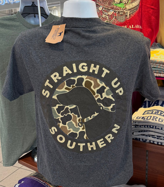 Straight Up Southern T-Shirt - Duck Camo Hunter’s Best Friend (Short Sleeve Dark Heather Gray)