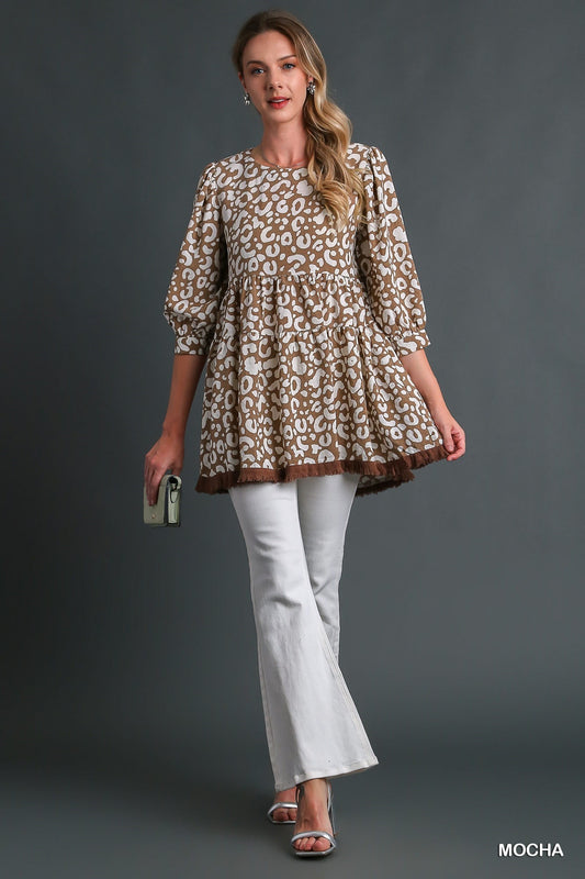 TSS Texture Animal Print Tiered Top with Unfished Frayed Hem (Mocha)