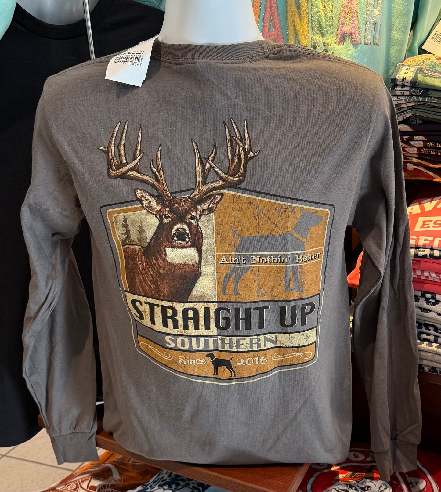 Straight Up Southern T-Shirt - “Majestic Trophy Buck”: Ain’t Nothing Better (Long Sleeve Charcoal)