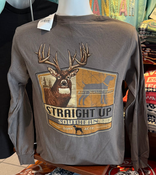 Straight Up Southern T-Shirt - “Majestic Trophy Buck”: Ain’t Nothing Better (Long Sleeve Charcoal)