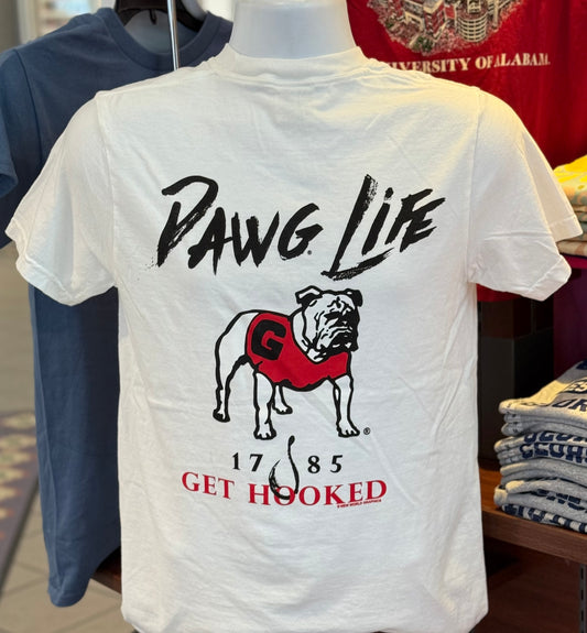 Georgia Bulldogs T-shirt - “Dawg Life, Get Hooked Graphic Tee” (Comfort Colors Short Sleeve White)