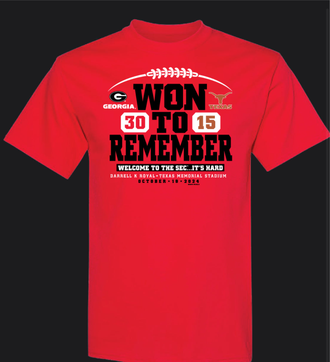 Georgia Bulldogs T-shirt “2024 UGA vs Texas Score Shirt - Won to Remember” (Short Sleeve Red)