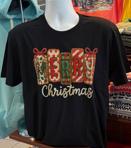 Merry Christmas Latch Hook Yarn Graphic T-shirt (Short Sleeve Sleeve Black)