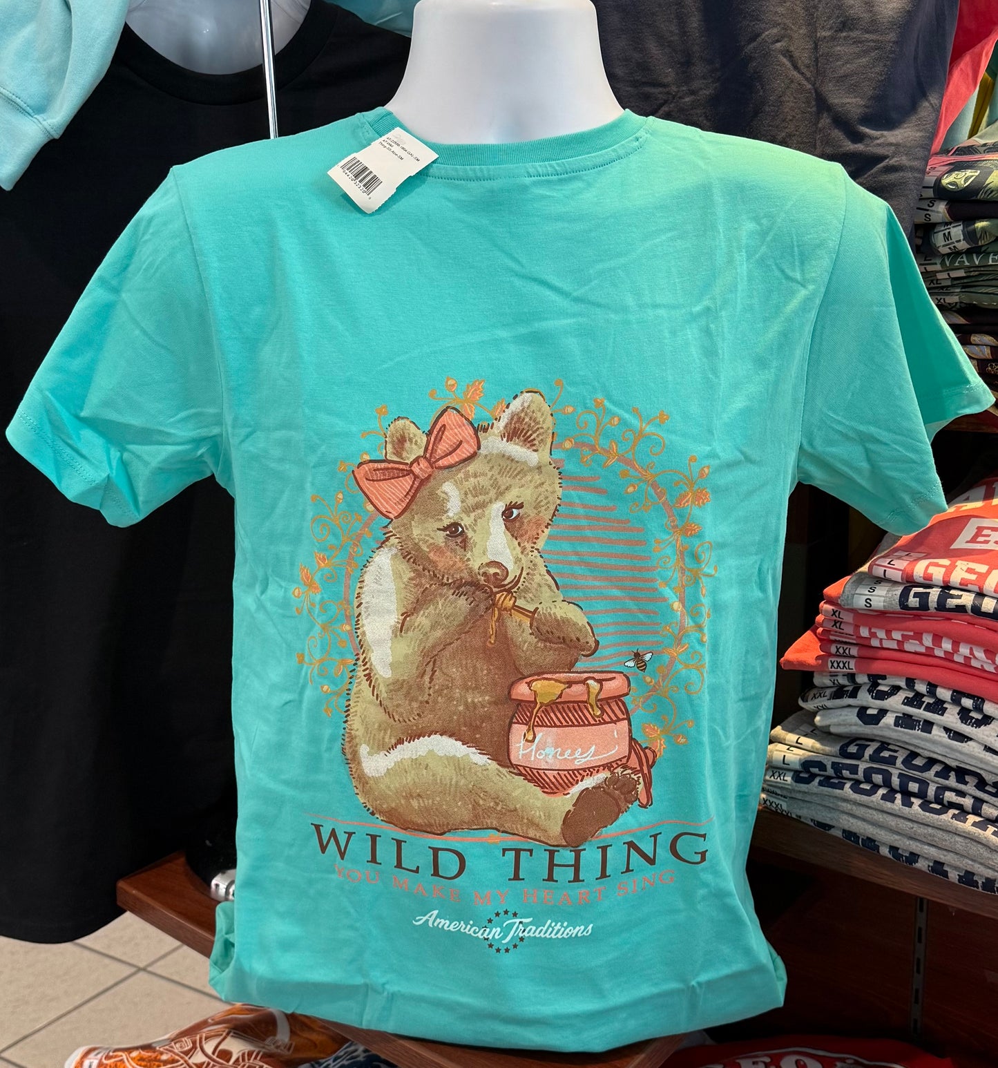American Traditions T-Shirt - “Wild Thing - Bear with Honey Pot” (Short Sleeve Aloe)
