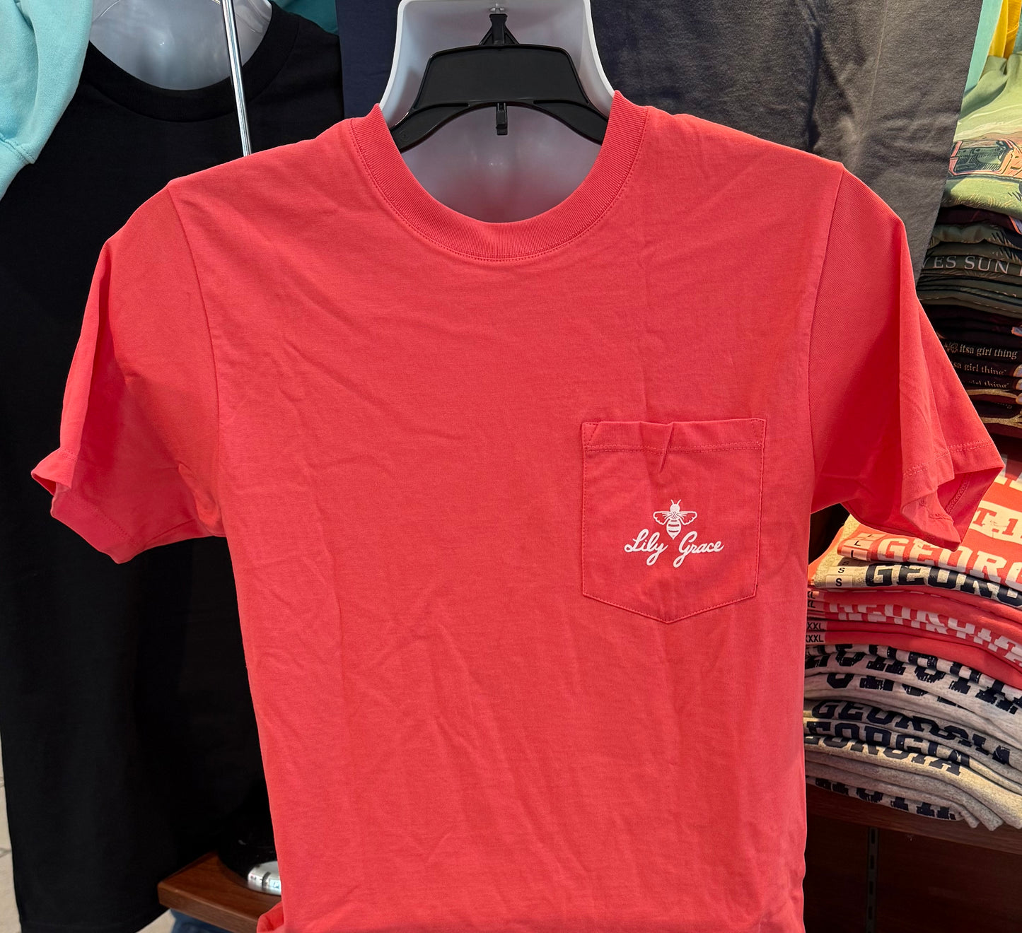 Lily Grace T-Shirt - “Bee Wreath” (Short Sleeve Coral)