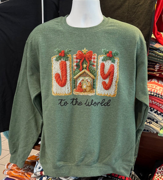 Christmas “Joy to the World Crew Fleece” (Heather Sport Dark Forest Green Sweatshirt)