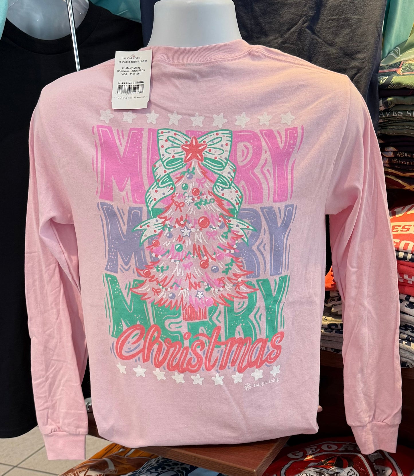 It’s A Girl Thing T-Shirt - “Merry, Merry, Merry Christmas” (Long Sleeve Pink)
