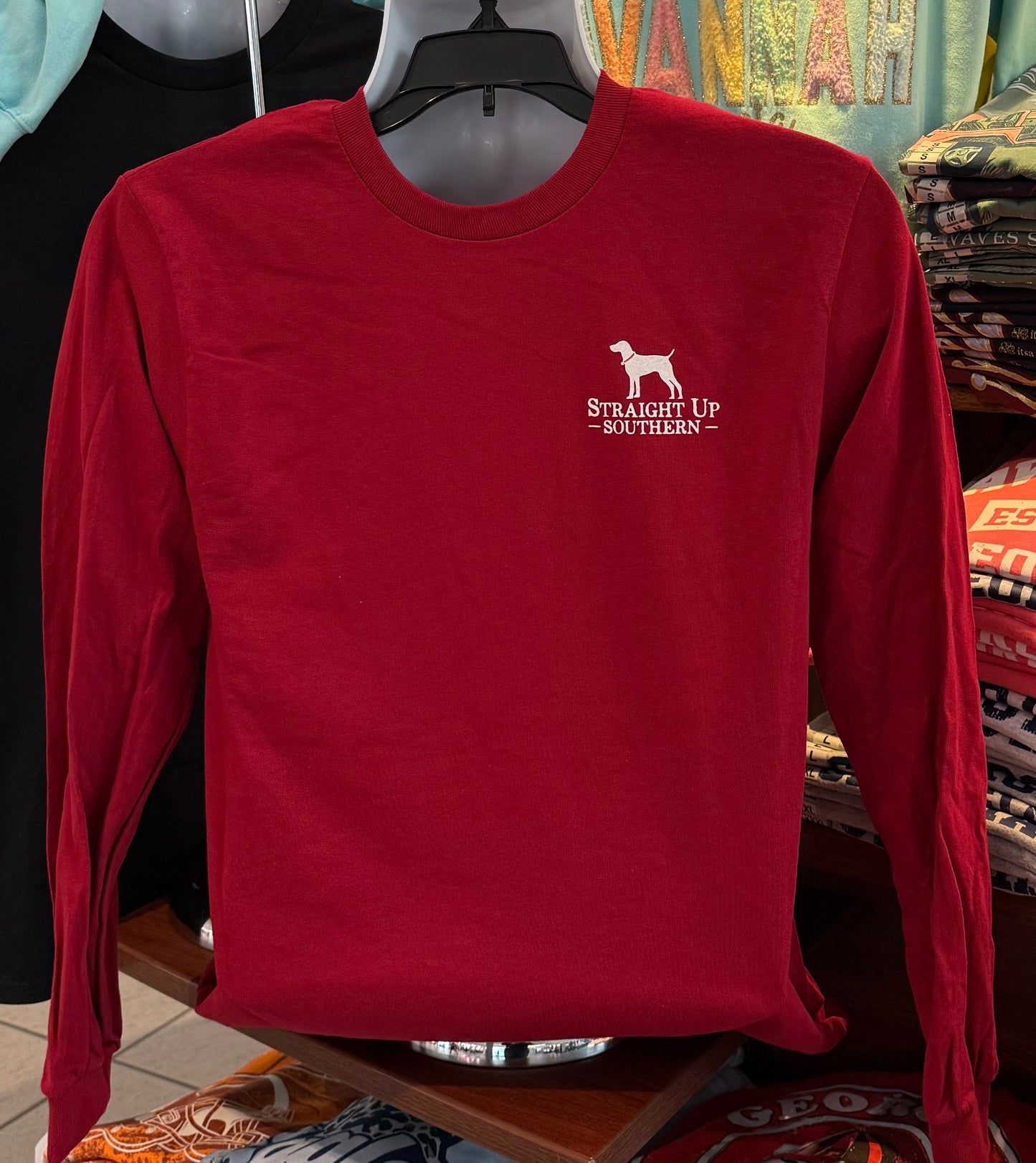 Straight Up Southern T-Shirt “Duck Camo Mallard in Flight” (Long Sleeve Cardinal)