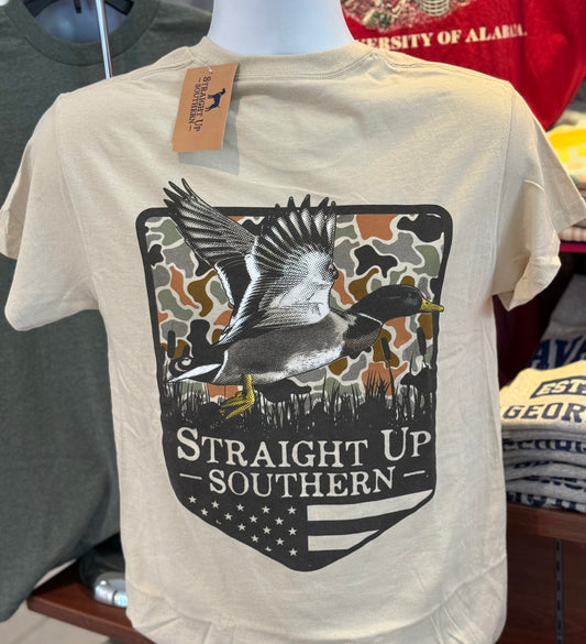 Straight Up Southern T-Shirt - Duck Camo Mallard in Flight  (Short Sleeve Sand)