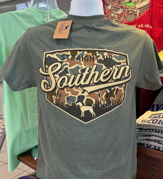 Straight Up Southern T-Shirt - Duck Camo Among the Reeds  (Short Sleeve Heather Military Green)