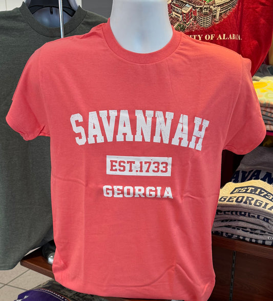 Savannah “Established 1733” Short Sleeve Tee (Coral Silk)