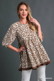 TSS Texture Animal Print Tiered Top with Unfished Frayed Hem (Mocha)