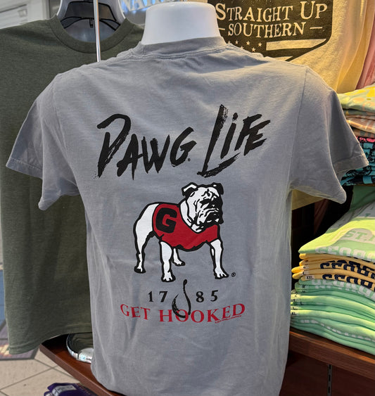 Georgia Bulldogs T-shirt - “Dawg Life, Get Hooked Graphic Tee” (Comfort Colors Short Sleeve Granite)