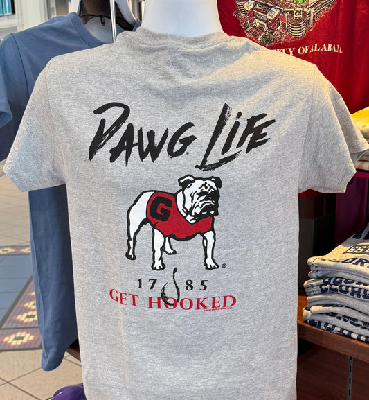 Georgia Bulldogs T-shirt - “Dawg Life, Get Hooked Graphic Tee” (Short Sleeve Sport Gray)