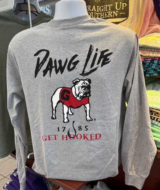 Georgia Bulldogs T-shirt - “Dawg Life, Get Hooked Graphic Tee” (Long Sleeve Sport Gray)