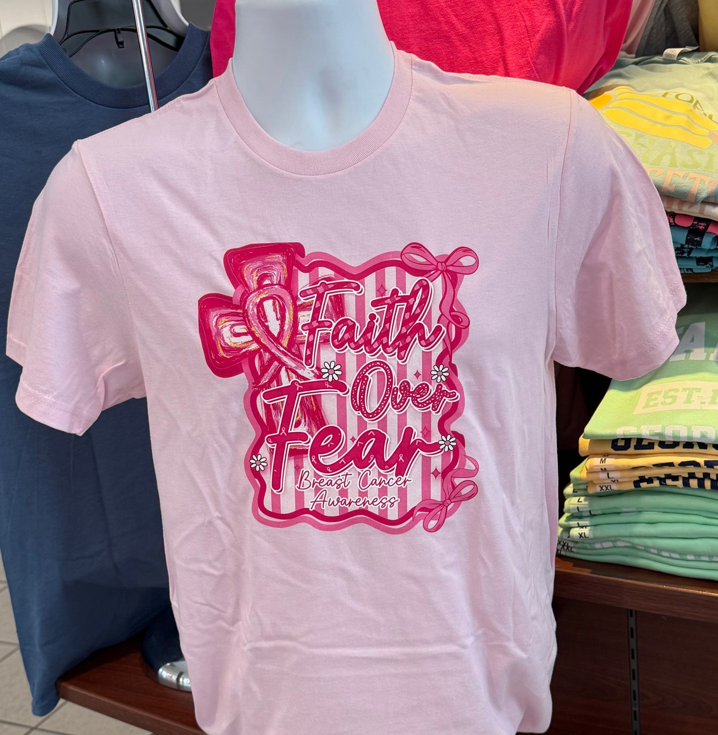 October Breast Cancer Awareness T-shirt - “Faith Over Fear” (Short Sleeve Pink)