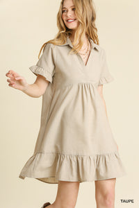 TSS Collared V-Neck Short Sleeve Babydoll Dress with Ruffle Hem (Taupe)