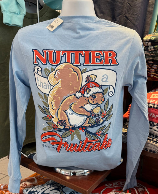 It’s A Girl Thing T-Shirt - “Nuttier Than A Fruitcake Squirrel Holiday Tee” (Long Sleeve Light Blue)