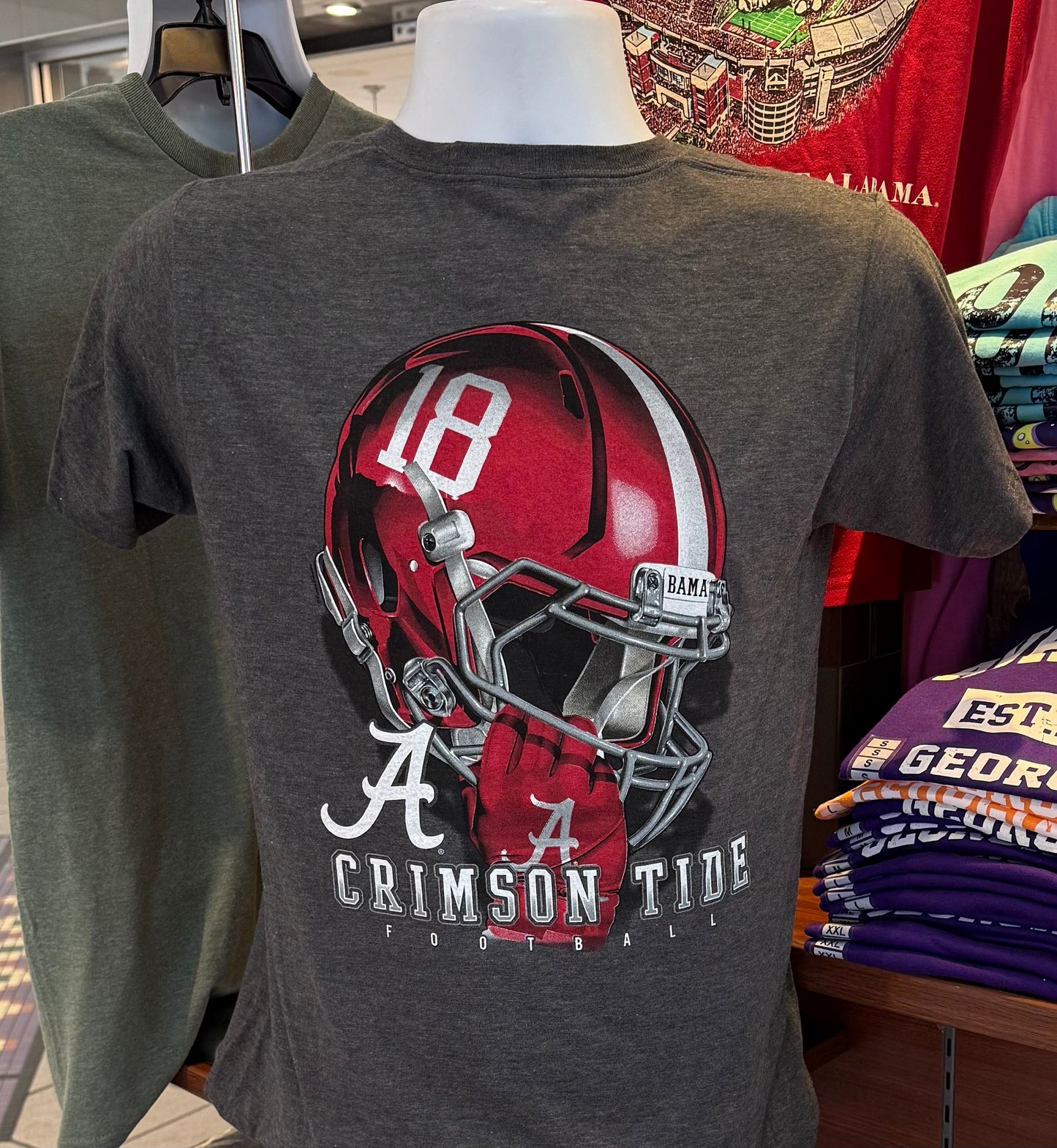 Alabama Crimson Tide T-Shirt - “Alabama Helmet - Crimson Tide Football” (Short Sleeve Dark Heather Gray)