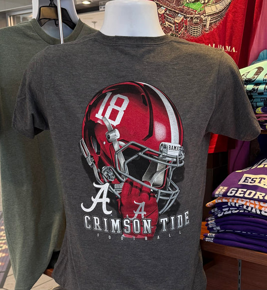 Alabama Crimson Tide T-Shirt - “Alabama Helmet - Crimson Tide Football” (Short Sleeve Dark Heather Gray)